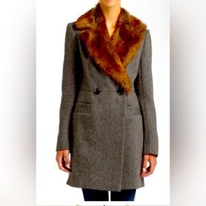 French Connection Grey Tweed Faux Fur Collared Coat Size 4